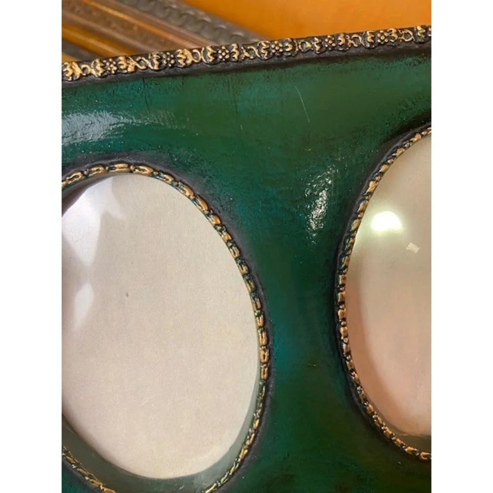 Vintage Green and Gold Double Oval Photo Frame Tabletop Easel Back 2 Opening